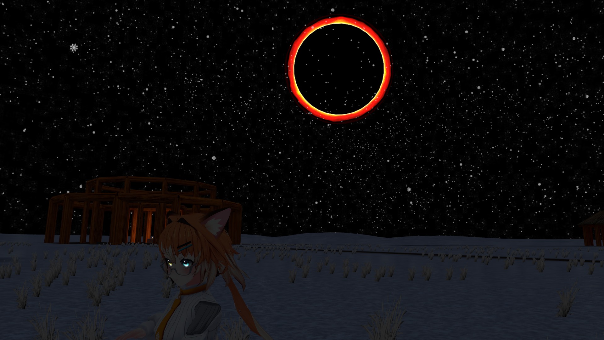 A glowing red ring eclipse hangs in a snowy night sky above the henge